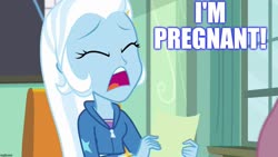 Size: 1280x720 | Tagged: safe, edit, edited screencap, screencap, trixie, a little birdie told me, equestria girls, g4, my little pony equestria girls: better together, caption, image macro, implied pregnancy, meme, text