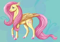 Size: 3544x2491 | Tagged: safe, artist:bluet0ast, fluttershy, pegasus, pony, g4, blue background, colored hooves, cutie mark background, female, folded wings, freckles, high res, looking at you, mare, profile, shoulder feathers, simple background, smiling, solo, standing, wings