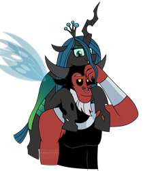 Size: 1733x2061 | Tagged: safe, artist:skylarkeeper, lord tirek, queen chrysalis, centaur, changeling, changeling queen, g4, season 9, bracer, crown, cute, cutealis, female, jewelry, looking at each other, male, mare, nose piercing, nose ring, piercing, regalia, septum piercing, ship:chrysirek, shipping, signature, simple background, smiling, snuggling, straight, tirebetes, transparent background