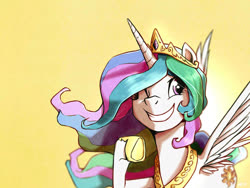Size: 1400x1050 | Tagged: safe, artist:ilacavgbmjc, princess celestia, alicorn, pony, g4, crown, cute, cutelestia, female, hoof shoes, jewelry, mare, one eye closed, regalia, simple background, smiling, solo, wink, yellow background
