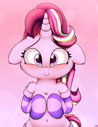 Size: 2050x2650 | Tagged: safe, artist:heavymetalbronyyeah, starlight glimmer, pony, unicorn, g4, blushing, cheek fluff, chest fluff, clothes, cute, ear fluff, female, floppy ears, glimmerbetes, high res, hooves to the chest, looking at you, mare, pink background, shoulder fluff, simple background, socks, solo, striped socks