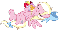 Size: 1860x982 | Tagged: safe, artist:sugarplanets, oc, oc only, oc:bay breeze, pegasus, pony, base used, bouquet, bow, eyes closed, female, flower, hair bow, mare, simple background, solo, transparent background