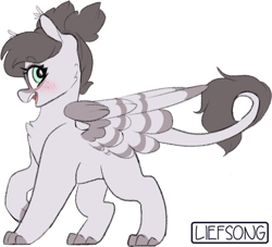 Size: 655x596 | Tagged: safe, artist:liefsong, oc, oc only, oc:junebug, bat pony, hybrid, sphinx, blushing, cute, floppy ears, fluffy, leonine tail, patreon, patreon reward, paws, simple background, smiling, solo, watermark