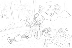 Size: 6000x4000 | Tagged: safe, artist:linyangqi, artist:林扬骐, oc, oc:wbw, oc:白黑白, pegasus, pony, robot, book, bowknot, carpet, clock, flower pot, hourglass, house, lamp, monochrome, picture frame, pile, smiling, sonar, sticky note, street, sun, sunshine, wbw, window, 机器人白黑白, 白黑白