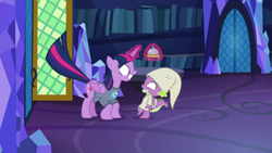 Size: 1920x1080 | Tagged: safe, screencap, dj pon-3, spike, twilight sparkle, vinyl scratch, alicorn, dragon, a trivial pursuit, bell, clothes, hat, library, nightcap, nightshirt, pajamas, twilight sparkle (alicorn), twilight's castle, twilight's castle library, winged spike, wings