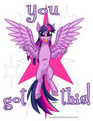 Size: 720x937 | Tagged: safe, alternate version, artist:texasuberalles, twilight sparkle, alicorn, pony, g4, colored hooves, cutie mark background, dock, female, flying, frog (hoof), looking at you, mare, positive ponies, simple background, solo, twilight sparkle (alicorn), underhoof, white background, you got this