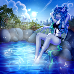 Size: 2348x2340 | Tagged: safe, artist:rouz, oc, oc only, oc:starry song, bat pony, anthro, armpits, bat pony oc, bikini, clothes, female, forest, high res, midriff, smiling, solo, swimsuit, water