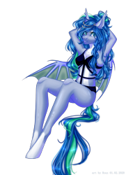 Size: 1691x2340 | Tagged: safe, alternate version, artist:rouz, oc, oc only, oc:starry song, bat pony, anthro, armpits, bikini, clothes, female, midriff, simple background, solo, swimsuit, transparent background