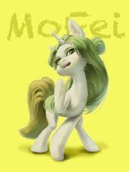 Size: 3000x4000 | Tagged: artist needed, safe, oc, oc only, pony, unicorn, high res, raised hoof, simple background, solo, yellow background