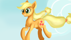 Size: 1280x720 | Tagged: safe, artist:jbond, applejack, earth pony, pony, g4, female, jumping, mare, simple background, smiling, solo