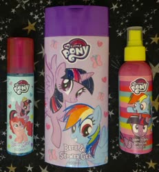 Size: 800x867 | Tagged: safe, pinkie pie, rainbow dash, twilight sparkle, alicorn, pony, unicorn, g4, body mist, female, mare, my little pony logo, shampoo, shower gel, smiling, twilight sparkle (alicorn)