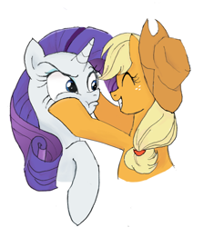 Size: 788x800 | Tagged: safe, artist:yuniuni11, applejack, rarity, earth pony, pony, unicorn, g4, :t, applejack's hat, cowboy hat, duo, eyes closed, female, freckles, grin, hat, mare, peeved, simple background, smiling, squishy cheeks, stetson, unamused, white background