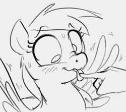Size: 476x423 | Tagged: safe, artist:dotkwa, derpy hooves, human, pegasus, pony, g4, blushing, finger, grayscale, hand, lineart, monochrome, offscreen character, sketch, sweat, tongue out