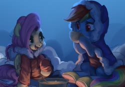 Size: 1025x716 | Tagged: safe, artist:luciferamon, fluttershy, rainbow dash, pegasus, pony, g4, boots, bundled up, clothes, cup, cute, drinking, duo, female, food, hoof hold, hot drink, jacket, looking at each other, mare, outdoors, pot, shoes, snow, soup, winter, winter outfit, wip
