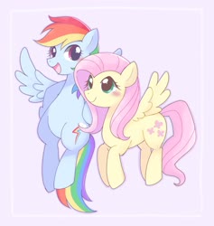 Size: 1940x2048 | Tagged: dead source, safe, artist:ginmaruxx, fluttershy, rainbow dash, pegasus, pony, g4, blushing, duo, female, hooves on hips, mare, pink background, simple background, smiling, spread wings, three quarter view, wings