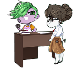 Size: 1800x1599 | Tagged: safe, artist:ellaellylove, raven, spike, dragon, human, unicorn, g4, apron, ascot, blushing, chibi, clothes, cute, desk, female, glasses, hair bun, humanized, male, office, older, older spike, paperwork, ship:ravenspike, shipping, shoes, side slit, simple background, skirt, stamp, straight, transparent background