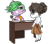 Size: 1800x1599 | Tagged: safe, artist:ellaellylove, raven, spike, dragon, human, unicorn, g4, apron, ascot, blushing, chibi, clothes, commissioner:pony4koma, cute, desk, female, glasses, hair bun, humanized, male, office, older, older spike, paperwork, ship:ravenspike, shipping, shoes, side slit, simple background, skirt, stamp, straight, transparent background