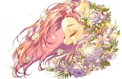 Size: 1580x1024 | Tagged: safe, artist:xieyanbbb, fluttershy, pegasus, pony, g4, beautiful, bust, eyes closed, female, flower, flower in hair, mare, open mouth, portrait, profile, simple background, solo, white background