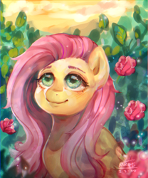 Size: 1250x1500 | Tagged: safe, artist:riukime, fluttershy, pegasus, pony, g4, bust, cute, female, flower, folded wings, looking up, mare, outdoors, rose, shyabetes, solo, three quarter view, traditional art, wings