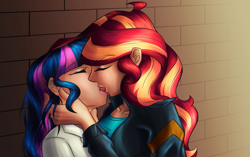 Size: 2195x1382 | Tagged: safe, artist:mandy1412, sci-twi, sunset shimmer, twilight sparkle, human, equestria girls, g4, clothes, eyes closed, female, french kiss, holiday, human coloration, jacket, kissing, leather jacket, lesbian, ship:sci-twishimmer, ship:sunsetsparkle, shipping, valentine's day