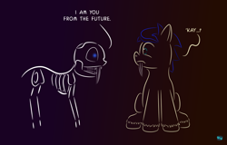 Size: 922x590 | Tagged: safe, artist:quint-t-w, oc, oc only, oc:silly words, original species, pony, sabertooth pony, bone, dialogue, fangs, glowing eyes, gradient background, implied time travel, looking at each other, minimalist, modern art, old art, self paradox, sharp teeth, shocked, sitting, skeleton, teeth, unshorn fetlocks