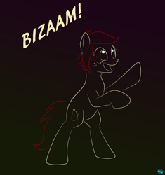 Size: 700x745 | Tagged: safe, artist:quint-t-w, oc, oc only, oc:canni soda, earth pony, pony, galacon, bipedal, bizaam, excited, gradient background, mascot, minimalist, modern art, old art, solo, yelling