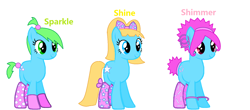 Size: 1548x680 | Tagged: safe, artist:paramagurumaster, earth pony, pony, bracelet, clothes, crossover, female, jewelry, mare, ponified, shimmer (wow! wow! wubbzy!), shine (wow! wow! wubbzy!), shoes, sparkle (wow! wow! wubbzy!), the wubb girlz, trio, trio female, wow! wow! wubbzy!