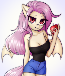 Size: 2742x3200 | Tagged: safe, artist:yutakira92, fluttershy, bat pony, pegasus, anthro, g4, apple, bat ponified, beautiful, big breasts, bitten apple, breasts, busty fluttershy, cleavage, clothes, denim shorts, female, flutterbat, food, high res, lidded eyes, mare, race swap, red eyes, seductive, seductive pose, sexy, shorts, solo, sultry pose