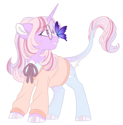 Size: 1024x1041 | Tagged: safe, artist:azure-art-wave, oc, oc only, oc:pristine, butterfly, pony, unicorn, clothes, female, glasses, mare, simple background, solo, sweater, transparent background