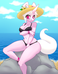 Size: 1700x2166 | Tagged: safe, artist:xalloir, oc, oc only, oc:sacer, anthro, bikini, breasts, cleavage, clothes, female, hat, mare, solo, swimsuit