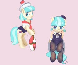 Size: 1365x1141 | Tagged: safe, artist:drafthoof, coco pommel, earth pony, pony, g4, adorasexy, bipedal, bipedal leaning, blushing, bowtie, clothes, cocobetes, cuffs (clothes), cute, female, fishnets, leaning, leotard, mare, pantyhose, pink background, sailor, sexy, simple background, sitting, solo