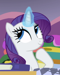 Size: 592x739 | Tagged: safe, screencap, rarity, pony, unicorn, forever filly, g4, cropped, cute, female, glowing horn, horn, mare, raised hoof, raribetes, smiling, solo, thinking