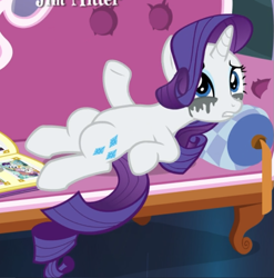 Size: 717x727 | Tagged: safe, screencap, rarity, pony, unicorn, forever filly, g4, book, cropped, crying, fainting couch, female, lying down, makeup, mare, photo album, raised hoof, running makeup, solo