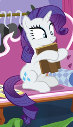Size: 404x702 | Tagged: safe, screencap, rarity, pony, unicorn, forever filly, g4, book, cropped, fainting couch, female, holding, mare, photo album, picture frame, sitting, smiling, solo
