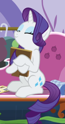 Size: 442x837 | Tagged: safe, screencap, rarity, pony, unicorn, forever filly, g4, animation error, clipping, cropped, cute, eyes closed, female, happy, holding, mare, picture frame, raribetes, sitting, solo