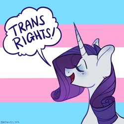 Size: 1024x1024 | Tagged: safe, artist:snowolive, rarity, pony, unicorn, g4, adventure in the comments, comments locked down, eyes closed, eyeshadow, female, makeup, mare, mouthpiece, open mouth, pride, pride flag, solo, trans rights, transgender, transgender pride flag