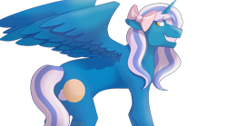 Size: 1280x711 | Tagged: safe, artist:sweetztea, oc, oc only, oc:fleurbelle, alicorn, pony, adorabelle, alicorn oc, bow, cute, female, grin, hair bow, horn, looking back, mare, simple background, smiling, solo, transparent background, yellow eyes