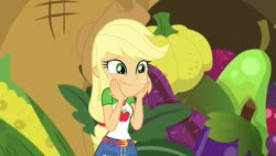 Size: 748x421 | Tagged: safe, screencap, applejack, equestria girls, equestria girls specials, g4, my little pony equestria girls: better together, my little pony equestria girls: holidays unwrapped, o come all ye squashful, applejack's hat, clothes, cowboy hat, cute, denim skirt, female, geode of super strength, hands on cheeks, hat, jackabetes, magical geodes, skirt