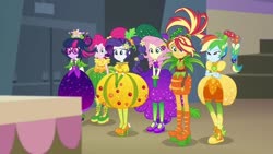 Size: 748x421 | Tagged: safe, screencap, fluttershy, pinkie pie, rainbow dash, rarity, sci-twi, sunset shimmer, twilight sparkle, equestria girls, equestria girls series, g4, holidays unwrapped, o come all ye squashful, spoiler:eqg series (season 2), converse, cornucopia costumes, female, inflatable dress, shoes