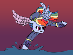 Size: 4000x3000 | Tagged: safe, artist:minty joy, rainbow dash, pegasus, pony, g4, alternate timeline, amputee, apocalypse, apocalypse dash, armor, artificial wings, augmented, crystal war timeline, female, prosthetic limb, prosthetic wing, prosthetics, scar, solo, torn ear, wings