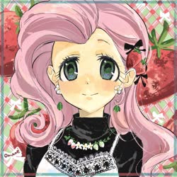 Size: 2048x2048 | Tagged: safe, artist:5mmumm5, fluttershy, equestria girls, g4, anime, bust, ear piercing, earring, female, front view, full face view, hair accessory, high res, jewelry, looking at you, piercing, portrait, solo