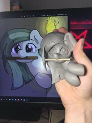 Size: 3024x4032 | Tagged: safe, artist:ljdamz1119, artist:shuxer59, marble pie, earth pony, pony, g4, craft, cyrillic, female, hand, irl, mare, minecraft, monitor, mouth hold, pentagram, photo, pickaxe, russian, satanism in the comments, sculpture, torch