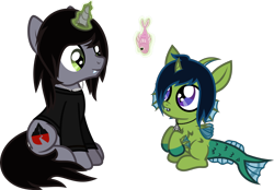 Size: 1370x952 | Tagged: safe, artist:lightningbolt, derpibooru exclusive, oc, oc:demon hellspawn, fish, half-siren, hybrid, pony, unicorn, g4, .svg available, baby, clothes, colored hooves, colt, curved horn, disguise, disguised siren, duo, eyes on the prize, fangs, fins, fish tail, glowing horn, hair over one eye, happy, horn, jewelry, kellin quinn, leviathan cross, long sleeves, magic, magical gay spawn, male, necklace, offspring, open mouth, ponified, scales, shirt, show accurate, simple background, sitting, sleeping with sirens, slit pupils, stallion, svg, transparent background, vector