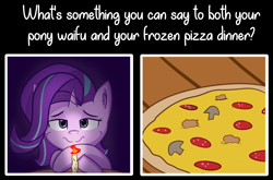 Size: 3763x2479 | Tagged: safe, artist:artiks, starlight glimmer, pony, unicorn, g4, candle, female, food, high res, mare, meat, meme, mushroom, pepperoni, pepperoni pizza, pizza, solo