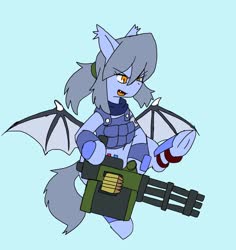 Size: 1935x2048 | Tagged: safe, alternate version, artist:omegapony16, oc, oc only, oc:oriponi, bat pony, pony, armor, bat pony oc, colored, female, frog (hoof), grin, gun, hoof hold, mare, open mouth, simple background, smiling, solo, underhoof, weapon