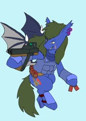 Size: 1451x2048 | Tagged: safe, artist:omegapony16, oc, oc only, oc:oriponi, bat pony, pony, armor, bat pony oc, bipedal, clothes, ear piercing, earring, grin, gun, jewelry, male, piercing, scar, simple background, smiling, soldier, solo, stallion, vest, weapon