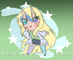 Size: 1466x1200 | Tagged: safe, alternate version, artist:sinamuna, oc, oc only, oc:leah rutherford, oc:lemon pop, human, oni, au:equuis, blonde hair, blue eyes, blue hair, clothes, coat, cute, female, heterochromia, horns, human to pony, humanized, jacket, long hair, miniskirt, personification, pleated skirt, purple eyes, shoes, skirt, socks, solo, taunting, thigh highs, tongue out, zettai ryouiki