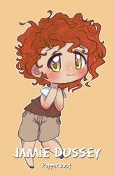 Size: 748x1145 | Tagged: safe, artist:sinamuna, oc, oc only, oc:jamie dussey, oc:pepper dust, human, au:equuis, blushing, chibi, clothes, curly hair, humanized, male, messy hair, orange hair, personification, purple eyes, red hair, redhead, schoolboy, shorts, shy, smiling, sweater vest, trap, yellow eyes
