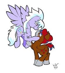 Size: 1300x1448 | Tagged: safe, artist:lucas_gaxiola, cloudchaser, oc, pegasus, pony, g4, canon x oc, coat markings, duo, flying, looking at each other, male, signature, simple background, smiling, socks (coat markings), stallion, white background