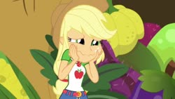 Size: 748x421 | Tagged: safe, screencap, applejack, equestria girls, equestria girls specials, g4, my little pony equestria girls: better together, my little pony equestria girls: holidays unwrapped, o come all ye squashful, applejack's hat, clothes, cowboy hat, cute, denim skirt, female, geode of super strength, hands on cheeks, hat, jackabetes, magical geodes, skirt, solo
